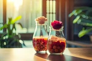 two glass bottles with fruit and flowers on a table. AI-Generated photo