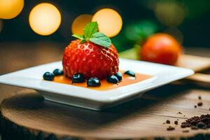 a strawberry dessert with blueberries and a mint leaf. AI-Generated photo