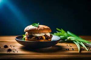 a hamburger with cheese and herbs on a plate. AI-Generated photo