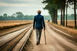 a man in a suit and hat walking down a road. AI-Generated photo