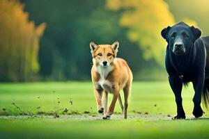 dos perros caminando en el césped. generado por ai foto