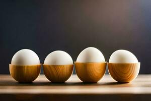 five eggs in wooden egg cups on a table. AI-Generated photo