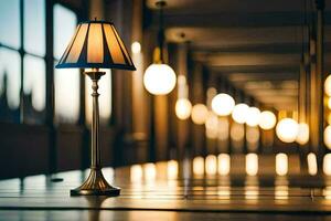 a lamp is sitting on a table in a hallway. AI-Generated photo
