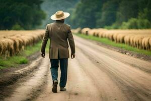 un hombre en un traje y sombrero camina abajo un suciedad la carretera con oveja en el antecedentes. generado por ai foto