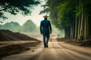 a man in a blue suit and hat walks down a dirt road. AI-Generated photo