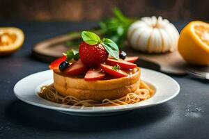 a plate with a cake topped with strawberries and tomatoes. AI-Generated photo