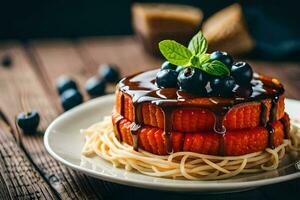 a cake with blueberries and chocolate on top. AI-Generated photo