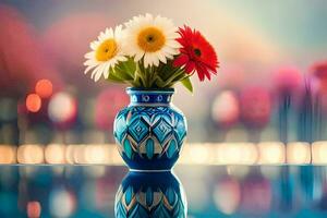 a blue vase with flowers on a table. AI-Generated photo