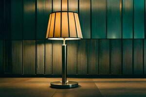 a lamp is on a table in front of a wall. AI-Generated photo