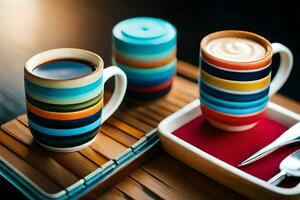 two coffee cups with colorful stripes on a tray. AI-Generated photo