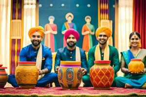 three men and a woman in turban holding colorful pots. AI-Generated photo