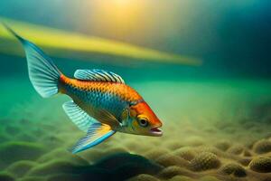 un pescado nadando en el Oceano con luz de sol brillante. generado por ai foto