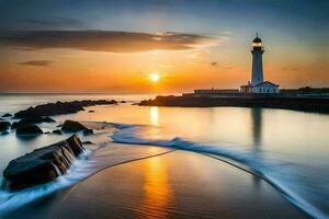 a lighthouse is seen at sunset with waves crashing into the shore. AI-Generated photo