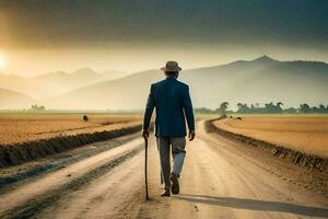 un hombre en un traje camina abajo un suciedad la carretera. generado por ai foto