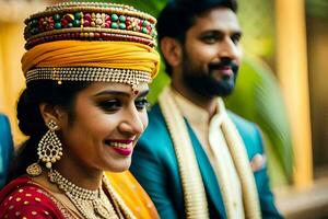 a bride and groom in traditional indian attire. AI-Generated photo