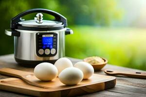 an electric pressure cooker with eggs on a cutting board. AI-Generated photo