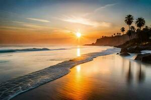 el Dom sube terminado el Oceano y el playa en esta foto. generado por ai foto