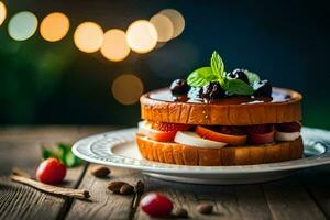 a cake with berries and chocolate on a plate. AI-Generated photo