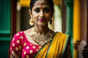 a beautiful indian woman wearing a sari and jewelry. AI-Generated photo