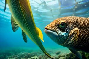 un pescado y un amarillo pescado son nadando en el océano. generado por ai foto