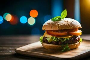 a hamburger on a wooden plate with a light background. AI-Generated photo