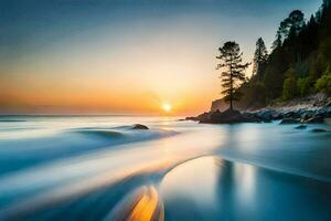 a long exposure photograph of a tree on the beach at sunset. AI-Generated photo