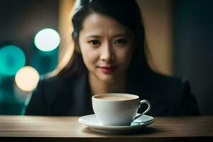 a woman is sitting at a table with a cup of coffee. AI-Generated photo