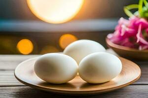 three eggs on a plate with flowers in the background. AI-Generated photo