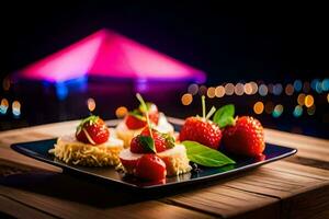 un plato con fresas y un rosado tienda en el antecedentes. generado por ai foto