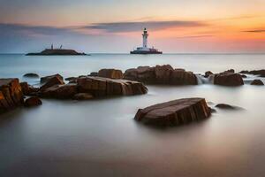 un faro en el Oceano a puesta de sol con rocas y rocas generado por ai foto