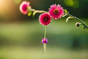 pink flowers hanging from a branch in the sun. AI-Generated photo