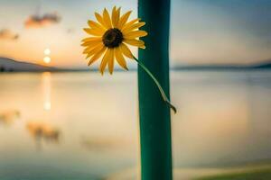 sunflower on a pole by the lake. AI-Generated photo