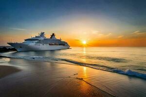 un crucero Embarcacion en el playa a puesta de sol. generado por ai foto