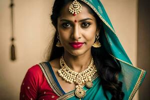 a beautiful indian woman wearing a sari and jewelry. AI-Generated photo