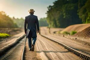 un hombre en un traje y sombrero caminando en un ferrocarril pista. generado por ai foto