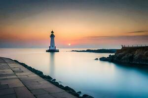 a lighthouse stands in the water at sunset. AI-Generated photo