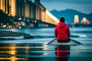 un hombre sentado en un tabla de surf en el agua. generado por ai foto