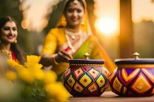 two women in traditional indian clothing are holding colorful pots. AI-Generated photo