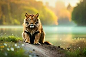 a tiger sitting on the ground near a lake. AI-Generated photo