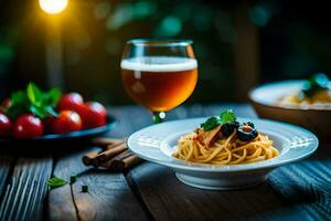 spaghetti with tomato sauce and meatballs on a wooden table. AI-Generated photo