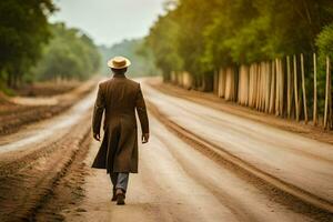 a man in a hat and coat walking down a dirt road. AI-Generated photo