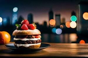 a hamburger with strawberries and cream on top. AI-Generated photo