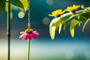 a pink flower hanging from a chain. AI-Generated photo