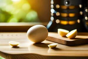 an egg and a piece of garlic on a cutting board. AI-Generated photo