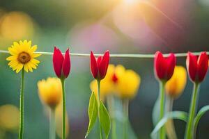 red and yellow flowers are standing on a line. AI-Generated photo