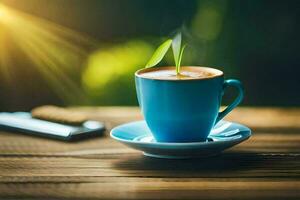 a cup of coffee with a green leaf on the saucer. AI-Generated photo