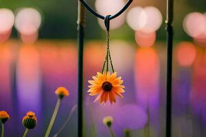 orange flower hanging from a fence with blurred background. AI-Generated photo