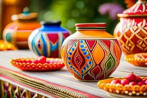 colorful vases and plates are on a table. AI-Generated photo