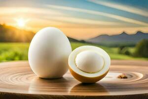 two eggs on a wooden table with a sunset in the background. AI-Generated photo