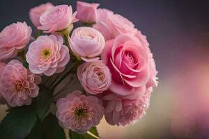 pink roses are in a vase with a blurred background. AI-Generated photo